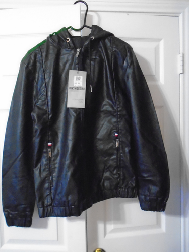 Mens Large Leather Black Jacket Hooded Biker Coat Zip Pockets Tops