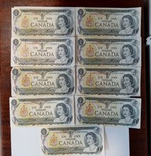 1973 CANADA $1 DOLLAR NOTES, lot of 9, circulated, - 1981