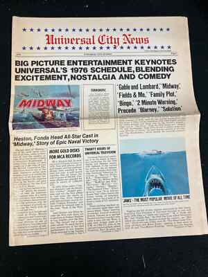 1976 UNIVERSAL CITY NEWS NEWSPAPER, UNIVERSAL CITY STUDIOS,JAWS,MIDWAY,HITCHCOCK