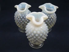 FENTON FRENCH OPALESCENT HOBNAIL #3855 MINI BUD VASES, SET OF 3