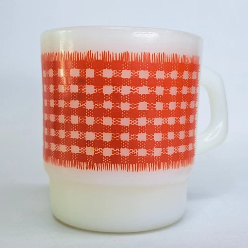 Fire-King Anchor Hocking Red Gingham Plaid Stackable White Mug Cup Milk Glass