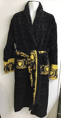 Versace Bathrobe Wolfe Black Crushed Terry Pattern With Tie Gold Medusa  Print XL