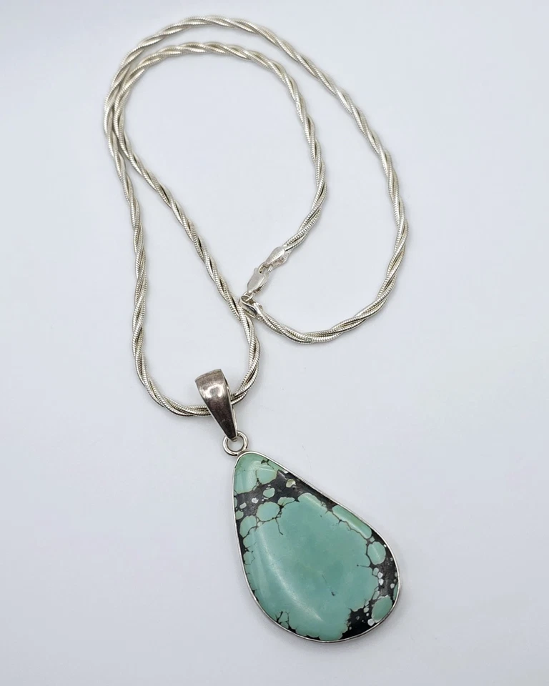 Vintage Charles Albert Sterling Silver Large Turquoise Pendant Necklace Native - Image 2 of 4
