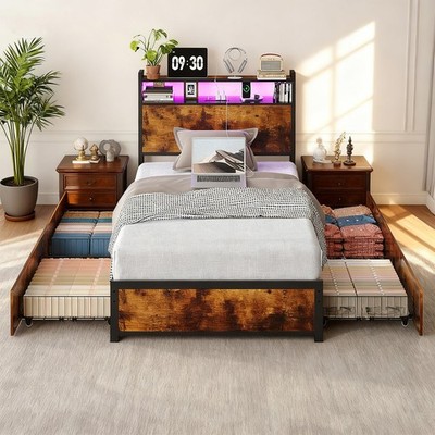 Platform Bed with 4 Drawers and LED Lights Adjustable Headboard Charging Station