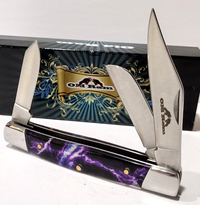 4'' Smooth Purple Lightening Comet Acrylic 3 Blade Stockman Folding Pocket Knife
