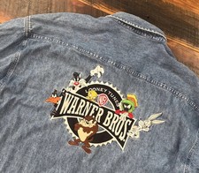 Vintage 90  s Warner Bros. Looney Tunes Embroidered Denim Button Shirt Size 2XL