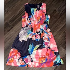 Vince Camuto Dress Navy Size 12 Sleeveless Scuba Fit Flare Knee Length Floral