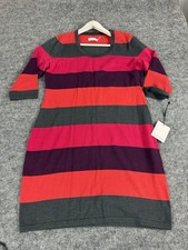 Calvin Klein Sweater Dress Large Striped Pink Knit Scoop Neck 3/4 Sleeve N160