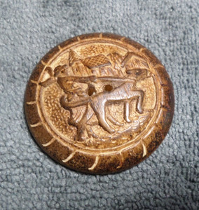 Vintage Burwood Art Deco Carved Wood Picture Button WALKING THE DOG 1-11/16"