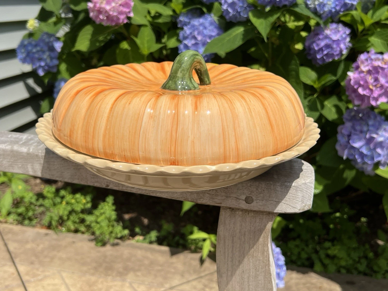 STONEWARE HAND PAINTED PUMPKIN PIE PLATE CERAMIC w/LID, VINTAGE