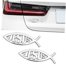 2PCS Jesus Fish Decal Sticker, 3D Chrome Metal Car Emblem, Waterproof Silver