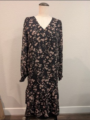 Kaffe Sz M/38 Black Floral V-Neck Long Sleeve Women's Maxi Dress