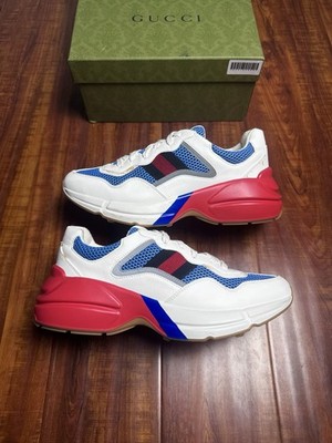 Gucci Rhyton Web White Blue Red White Mesh Mens Leather Sneakers - Size 8.5G 9US