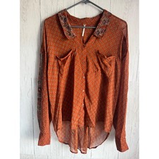 Free People Rust Medallion Print Roll Tab Sleeve High Low Button Down Blouse M