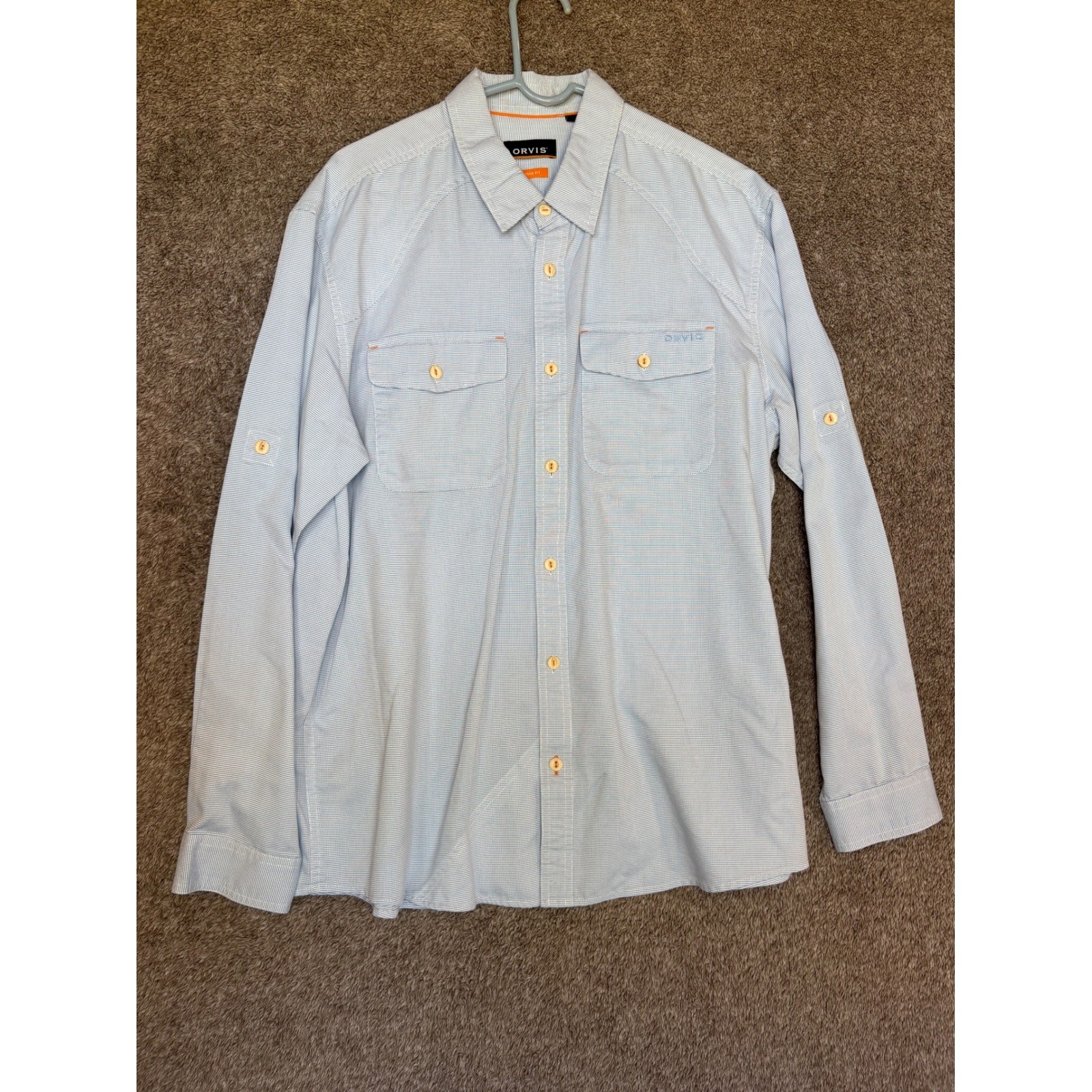 ORVIS Active Fit Men's Long Sleeve Button Up Shirt Size L Blue Gingham Casual