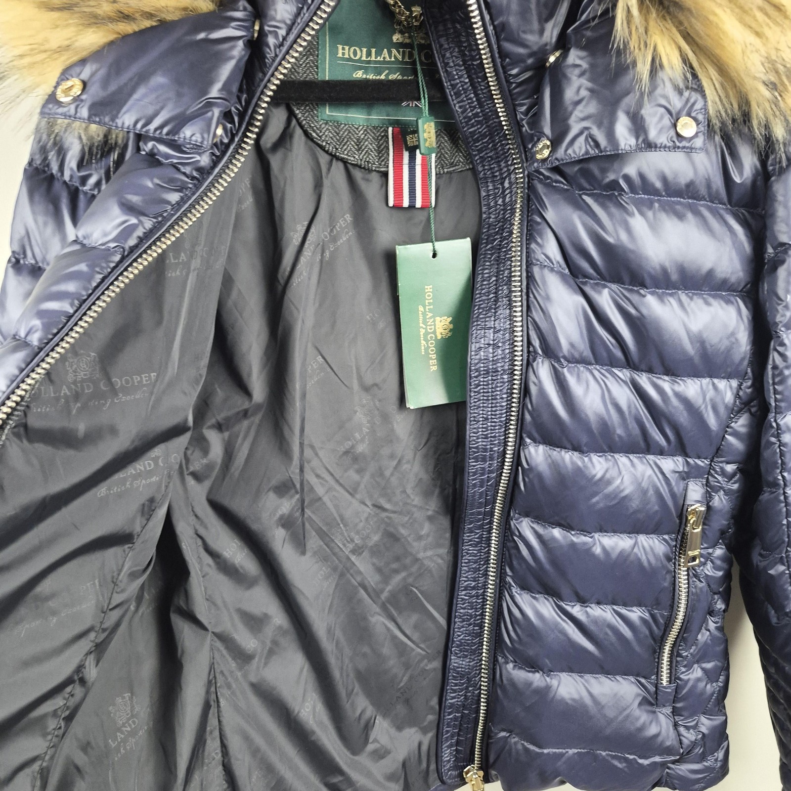 Holland Cooper Jacket Womens Medium Blue Zermatt 2 Down Fur Hood Puffer Quilted image 4