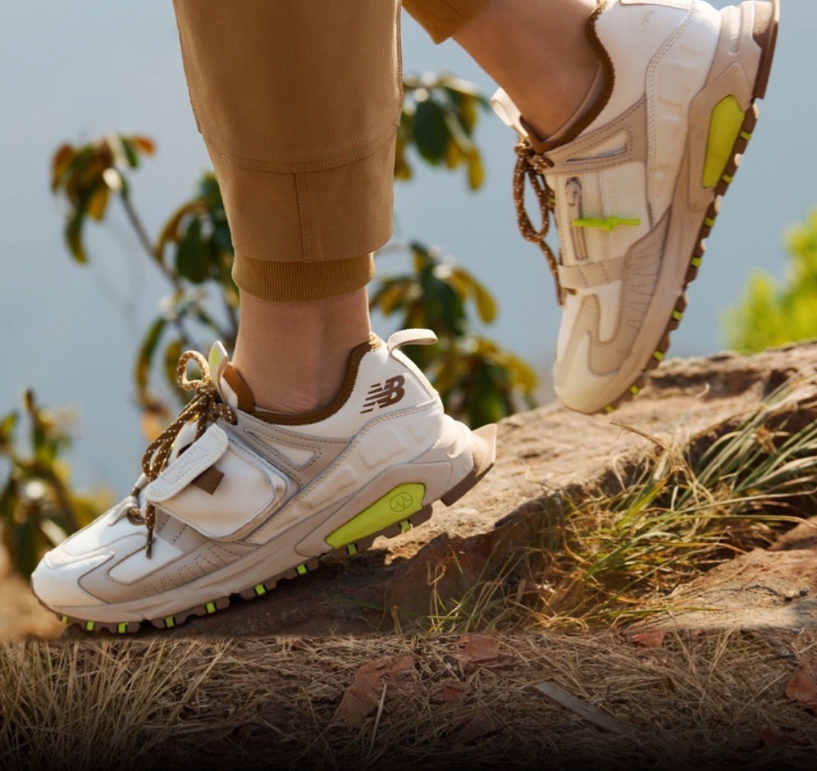 New Balance XFigs X-Racer Utility Cream and Brown Chunky Sneakers