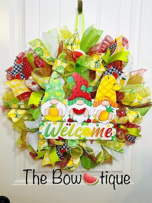 Handmade Summer Watermelon Pineapple Gnome Prelit Ribbon Wreath 22 in LED W3