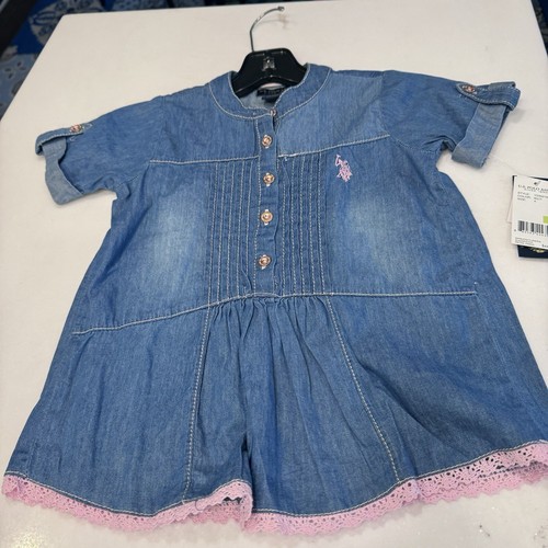 NWT U.S. Polo Assn Girl's Size 4 Demin Dress Pink Logo & Trim, Rolled Sleeves
