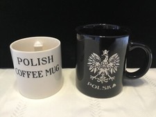 Lot of 2 Black & White Ceramic Polish Polska Coffee Mug Cups  (HH62)