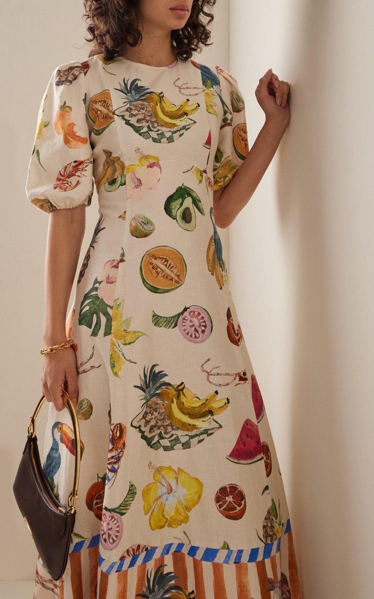 NWT Alemais Theo Midi Linen Cotton Dress US0/AU4 Fruit Kitchen Print | eBay