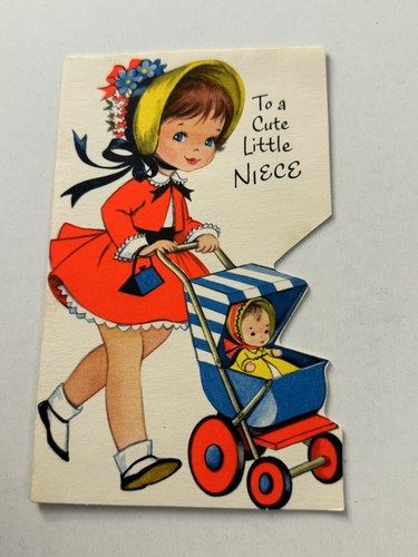 Vintage Grußkarte Geburtstag Neon Mädchen Kinderwagen Baby Puppe G7
