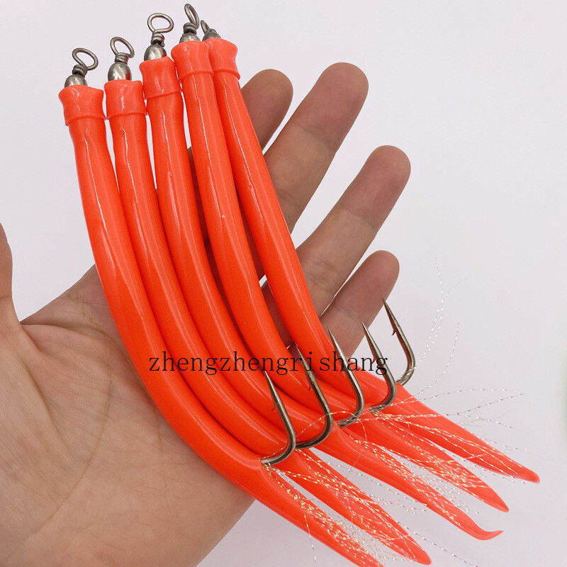 5Pcs Cod Eel Tube Hook Rubber Lure Artificial Baits Shank Offset Jig Lure 3 Size