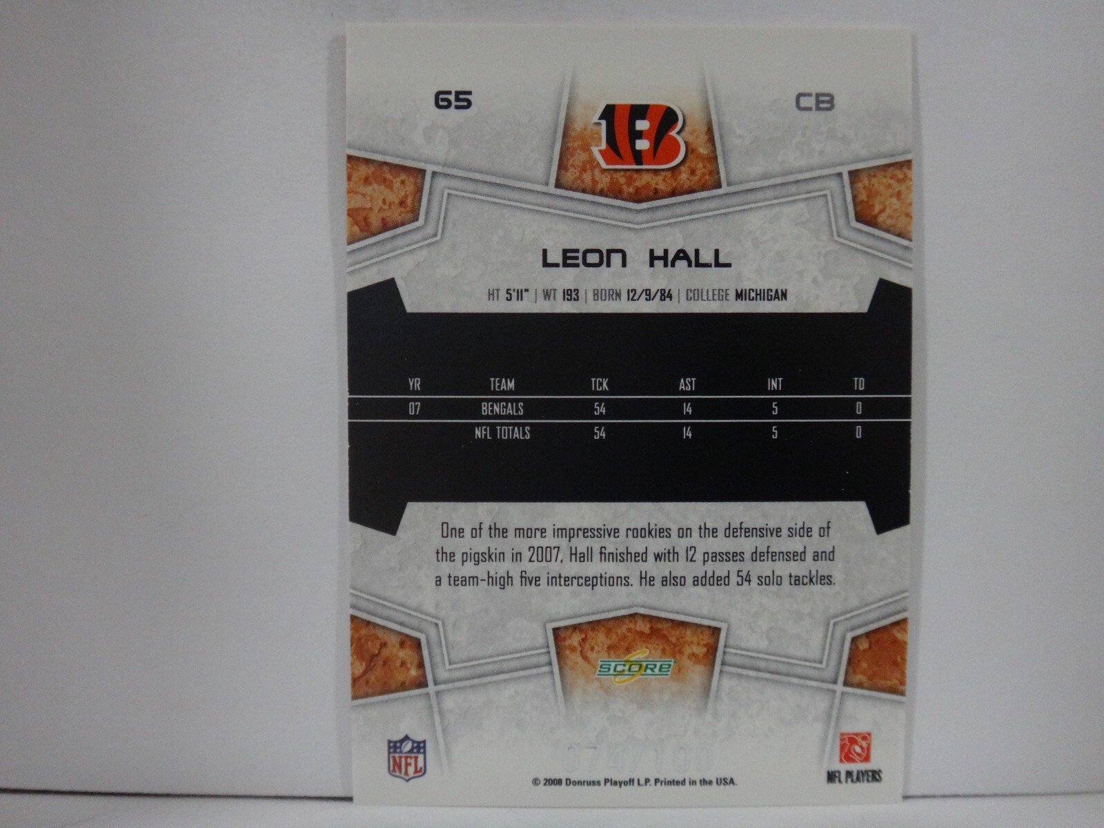 2008 Score Red Zone Cincinnati Bengals Football Card 65 Leon Hall /100