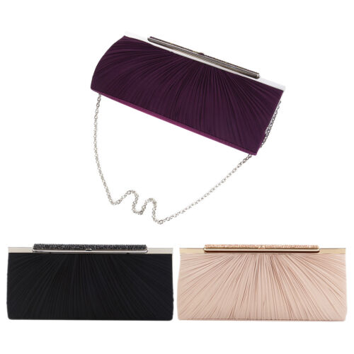 Elegant Pleated Satin w/ Crystal Top Hard Frame Clutch Evening Bag - Diff Colors - Picture 1 of 18