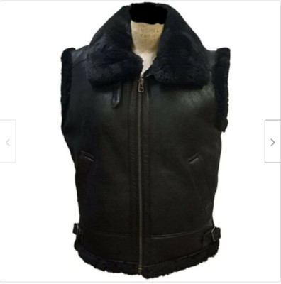 Black Men's RAF B3 Bomber Real Fur Shearling Sheepskin Leather Vest 