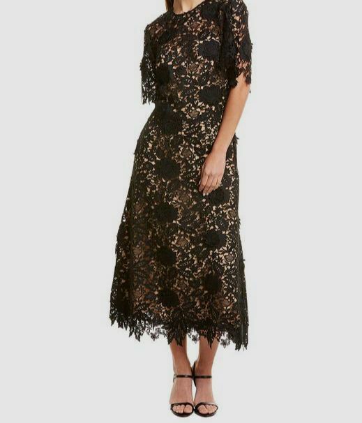 $1690 Lela Rose Women's Black Short Flutter Sleeve Floral Lace