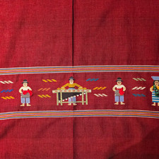 Burgundy Multicolor Woven Figural People Tapestry Wall Hanging Vertical