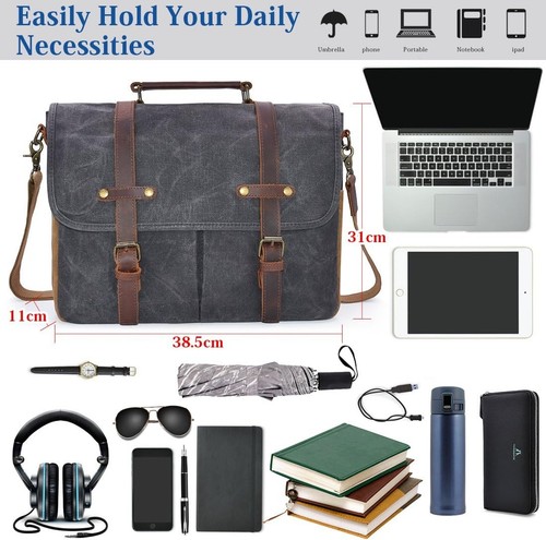 Borsa messenger uomo 15,6 pollici impermeabile vintage vera pelle tela cerata - Foto 3 di 9