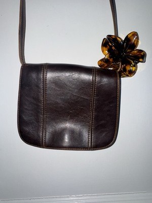 Brown Leather Shoulder Bag, Flower Accent, Rectangle Shape, Solid Pattern, Women