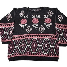 Vintage Cafe La Vie Black Pink Floral Women  s MockNeck Sweater Size Large USA