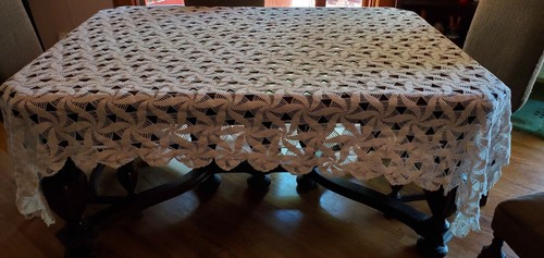 Tovaglia uncinetto copriletto copriletto vintage fatto a mano rettangolare 97” x 75” - Foto 4 di 7