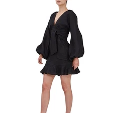 Keepsake Black Linen Balloon Sleeve Wrap Mini Dress M Cocktail Party NWT