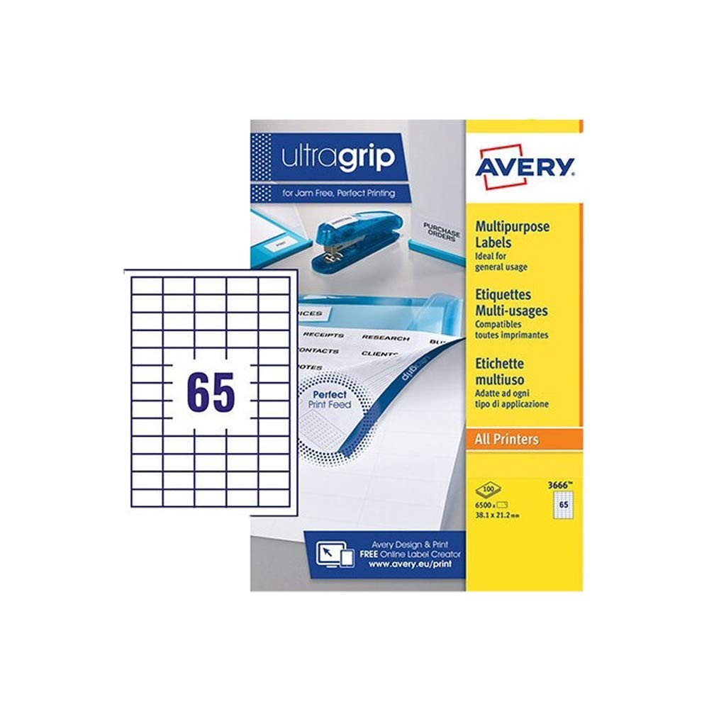 Avery 3666 self-adhesive Multipurpose/copier Labels, 65 labels per A4 Sheet, Whi