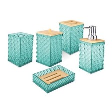 Bathroom Accessory Set, Grid Pattern 5 Pcs Plastic Bathroom Set Include Teal
