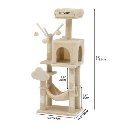  44'' Cat Tree Tower, with Scratch Posts, Condo, Hammock, Toys, Beige
