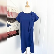 Adrianna Papell Gauzy Crepe Ruffle Drape Dress Blue Sz 8 NWT Short Sleeve