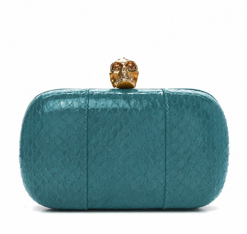 ALEXANDER MCQUEEN Gold Skull Buckle Python Leather Clutch Bag Small Turquoise