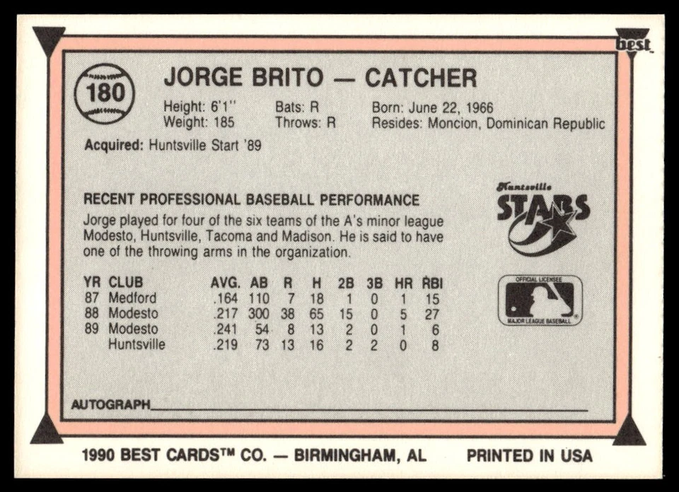 1990 Best Minor League #180 Jorge Brito - Image 2 of 2