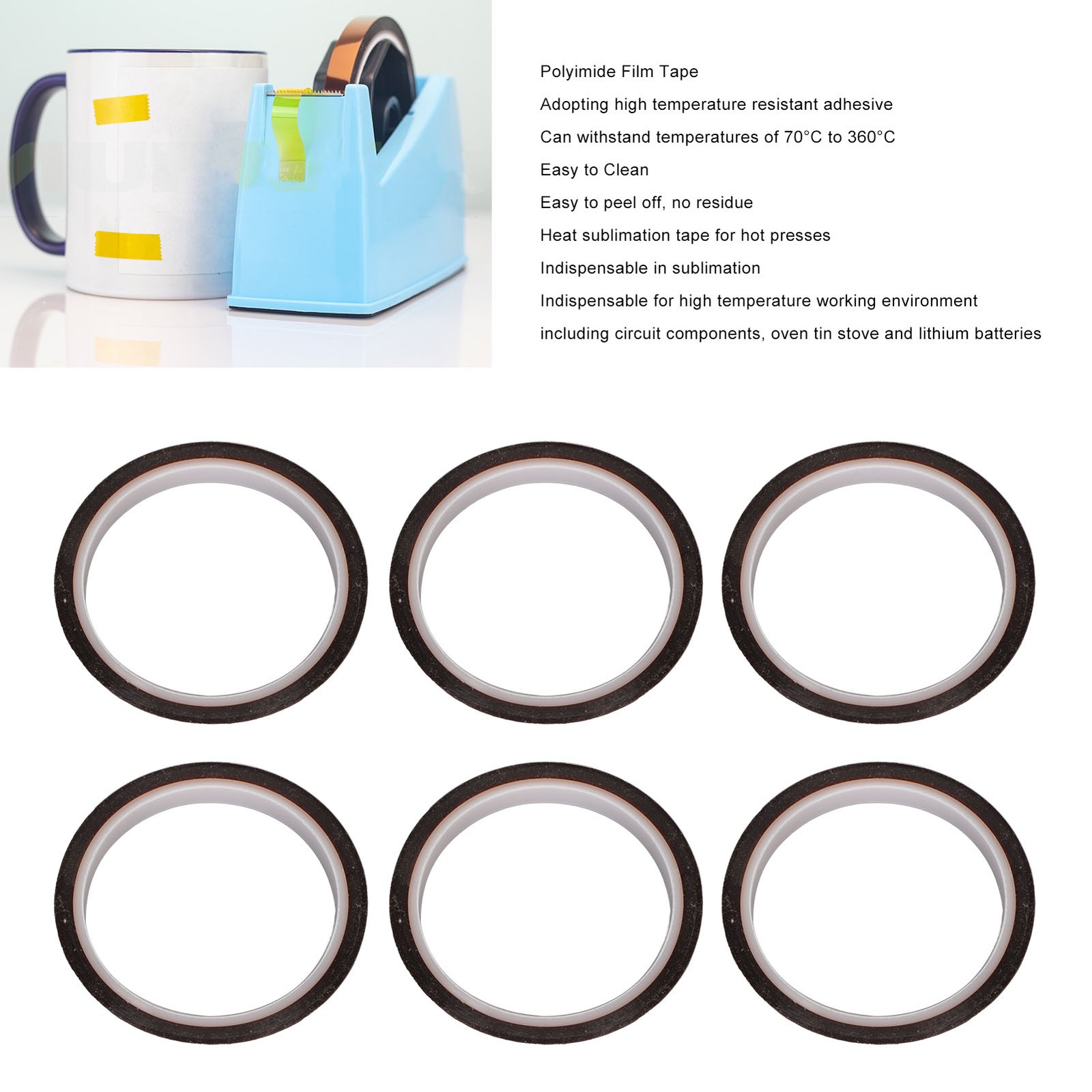 6pcs Heat Resistant Tape Residue Free Polyimide Sublimation Thermal Tape For DIY