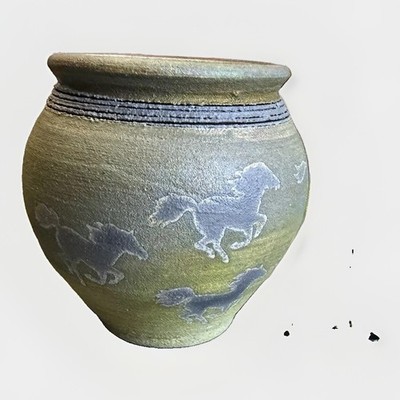 Jeremy Diller Raku Art Pottery Vase Signed Dream Jar  Green Pot 3  Horses