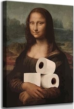 Funny Mona Lisa Canvas Wall Art Vintage Humor Bathroom Decor Laughter Parody