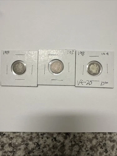 Lot Of 3 Barber Dimes 1914, 1913, 1912