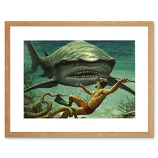 Shark Attack Octopus Diver Spear Adventure Underwater Framed Wall Art Print