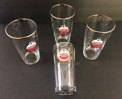 Imported Amstel Light Lager Heavy Glass Gold Rim - Lot of 4Pint Beer Glasses