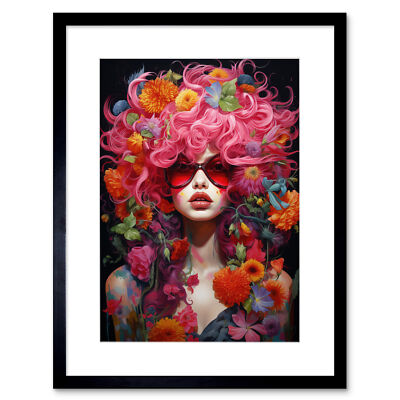 Flowerpunk Frau mit rosa Haaren und Blumen lebendig gerahmtes Wandbild Bild 9 x 7 Zoll